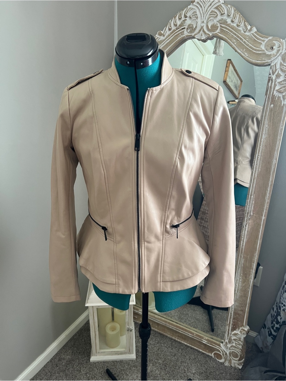 G.I.L.I. Blush Beige Faux Leather Zip Motorcycle Jacket